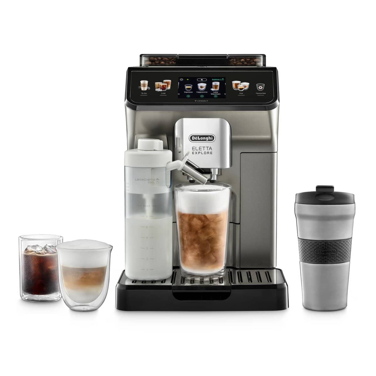 01 De'Longhi Eletta Explore ECAM450.86.T с двете млечни кани и чаша за път