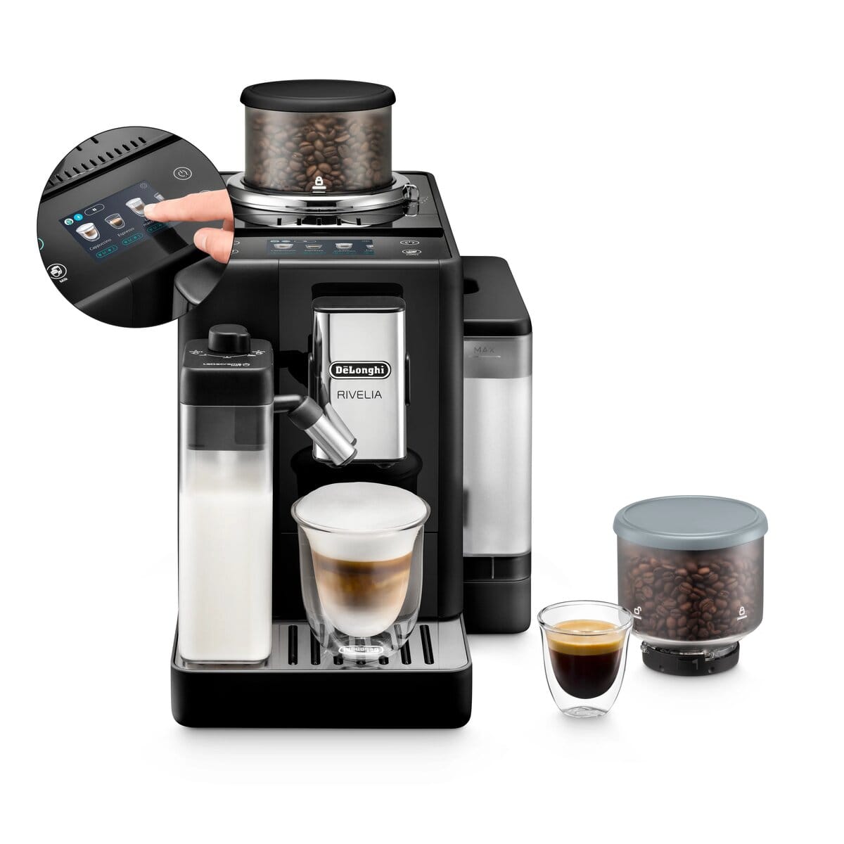 01 De'Longhi Rivelia EXAM440.55.B Onyx Black с капучино и контейнер за зърна
