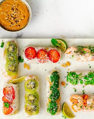 Summer rolls savoury & sweet with peanut-mango dip and Piña colada dip