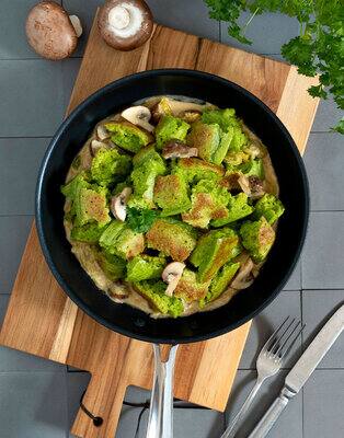 Green Kaiserschmarrn with mushroom cream