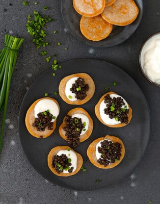 Blinis with beluga lentils