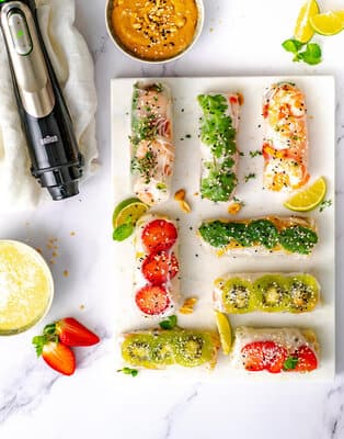 Summer rolls savoury & sweet with peanut-mango dip and Piña colada dip