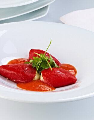 Piquillo peppers stuffed with brandade & rosted red peper coulis