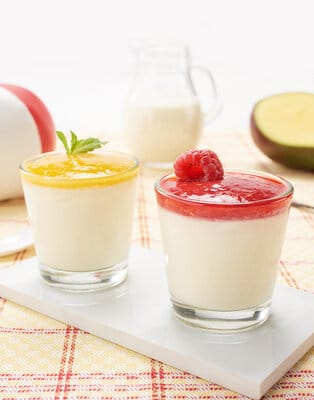Panna cotta with raspberry and mango purée