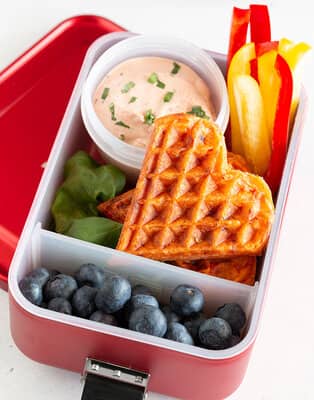 Pizza waffles & tomato cream cheese dip