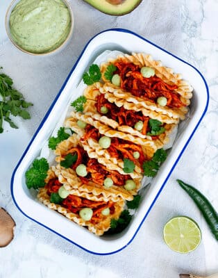 Vegan pulled mushroom waffle tacos