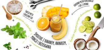 smoothie z bananem, ananasem, mango i brzoskwinią