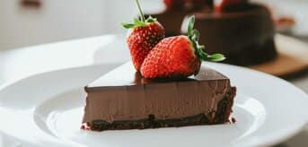 Czekoladowy sernik na zimno z truskawkami na talerzu - tytułowa.