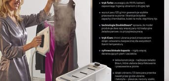 Zdezynfekuj ubrania za pomocą Braun CareStyle 7 - tryb Turbo, wyrzut pary, technologia Double Stream, tryb iCare, cyfrowa blokada kapania, lekka konstrukcja, ciśnienie 7,5 bara - infografika
