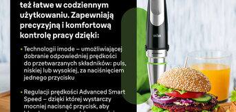 Blendery Braun MQ9 są nie tylko skuteczne, ale też łatwe w codziennym użytkowaniu. Zapewniają precyzyjną i komfortową kontrolę pracy dzięki: Technologii imode oraz regulacji prędkości Advanced Smart Speed. - infografika