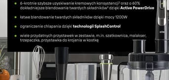Blender ręczny Braun MultiQuick 9: technologia Active Blade, Active PowerDrive i technologia SplashControl, wiele przydatnych przystawek w zestawie - infografika