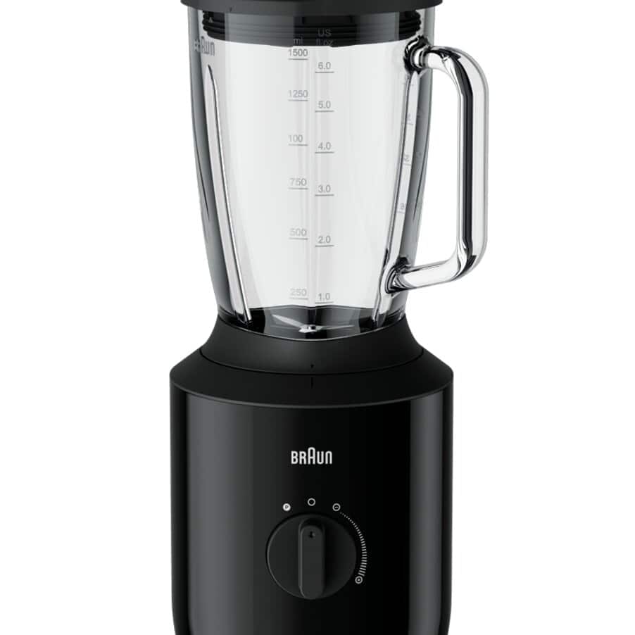 Musta PowerBlend 3 -tehosekoitin lasikannulla